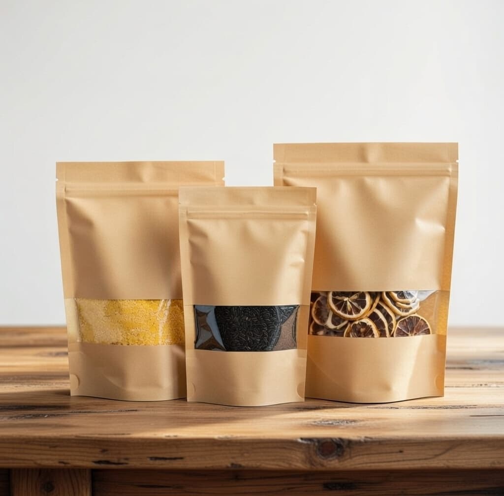 Doypacks kraft avec fenêtre assortiment produits alimentaires secs Tunisie - OmegaPack