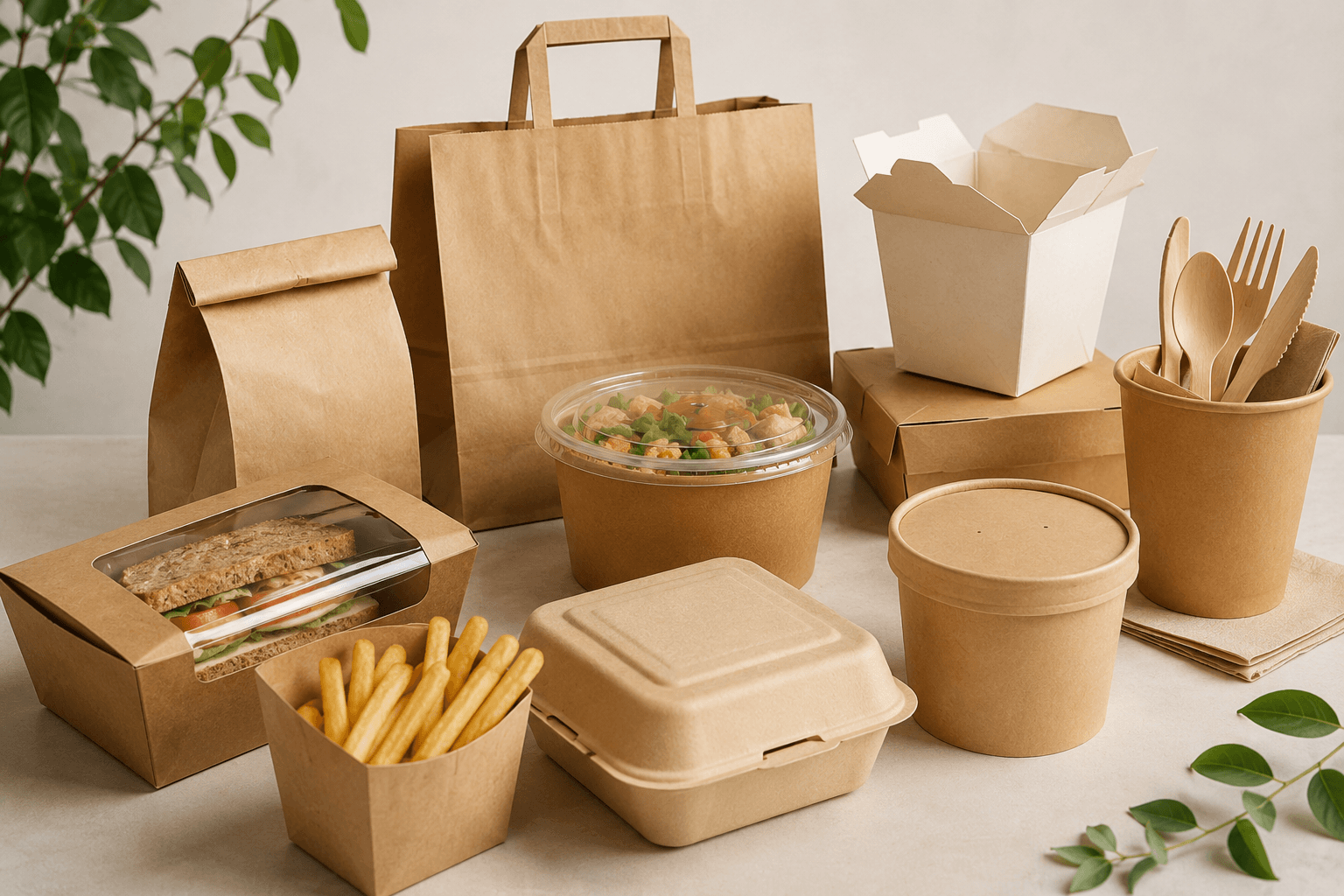 Emballages alimentaires kraft écologiques: sacs, boîtes, bols, gobelets et couverts jetables
