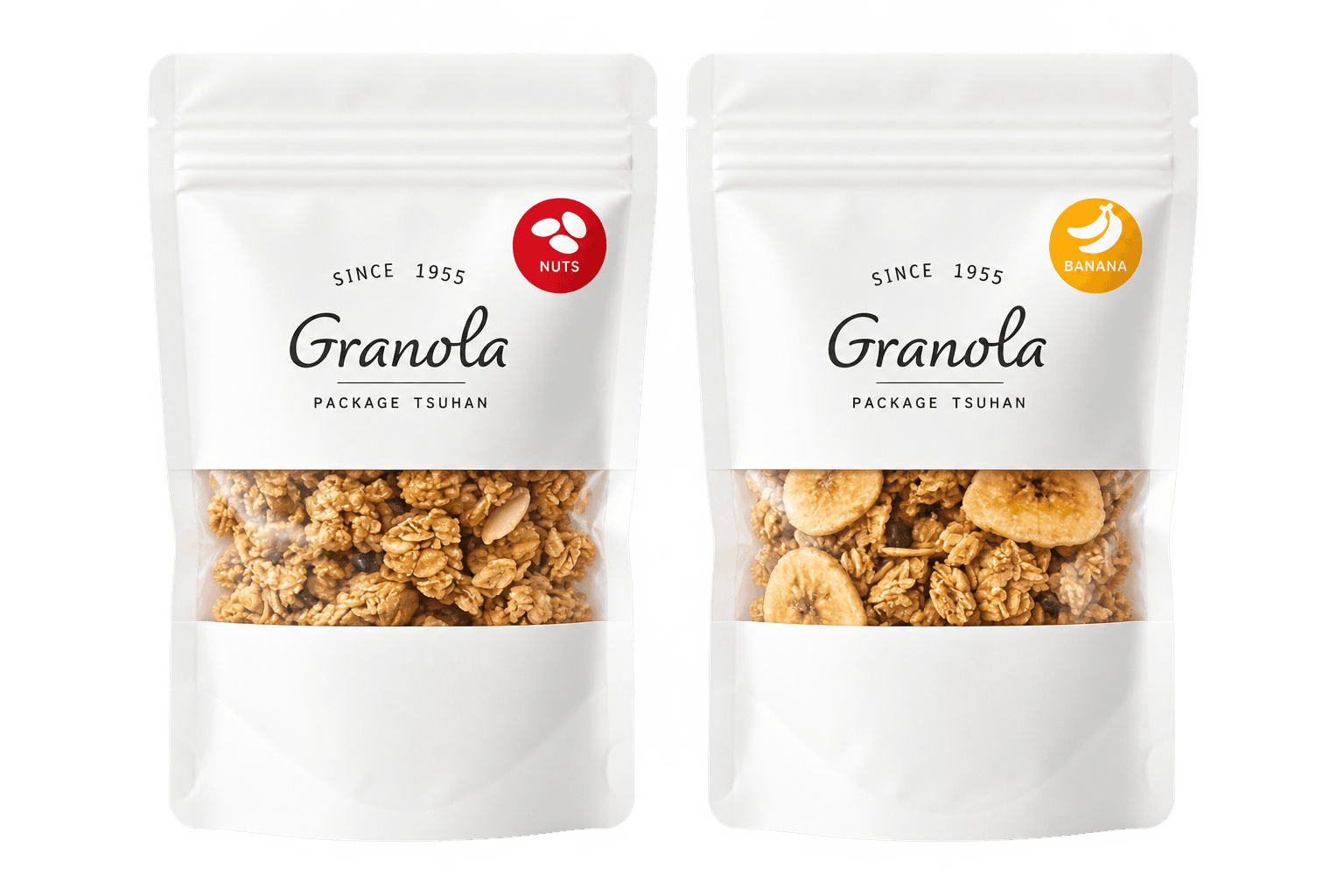 Doypacks blancs avec fenêtre personnalisés pour granola noix et banane en Tunisie