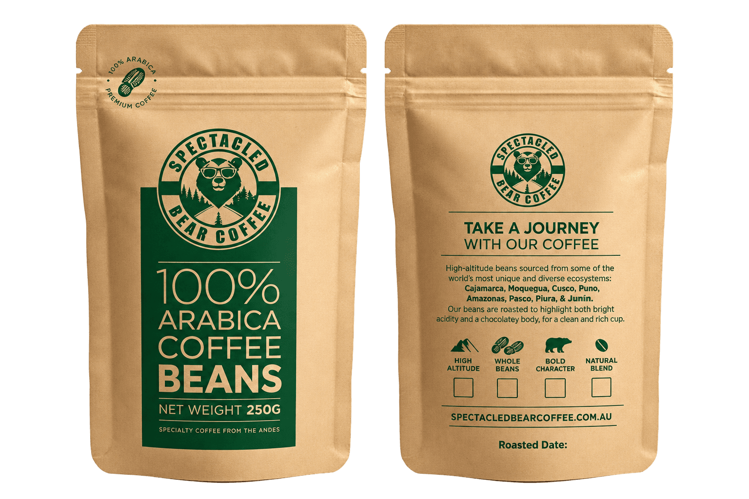 Doypack kraft personnalisé pour café Arabica en grains 250 g, impression recto verso