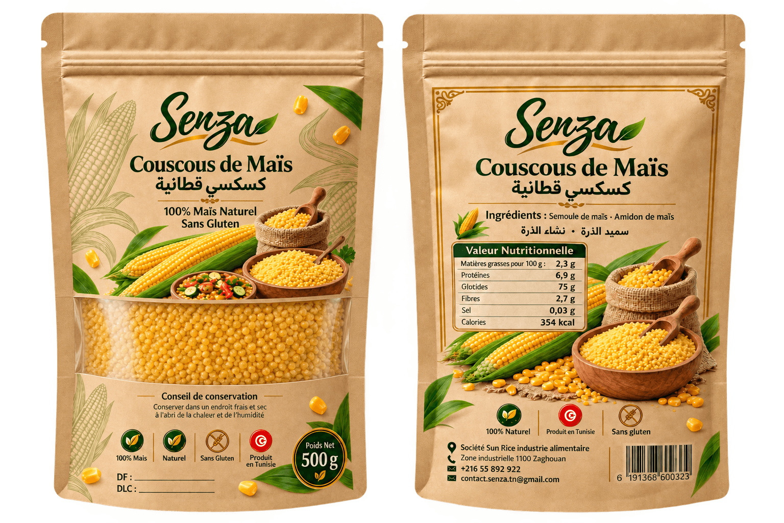Doypack kraft avec fenêtre personnalisé Senza pour couscous de maïs sans gluten 500 g