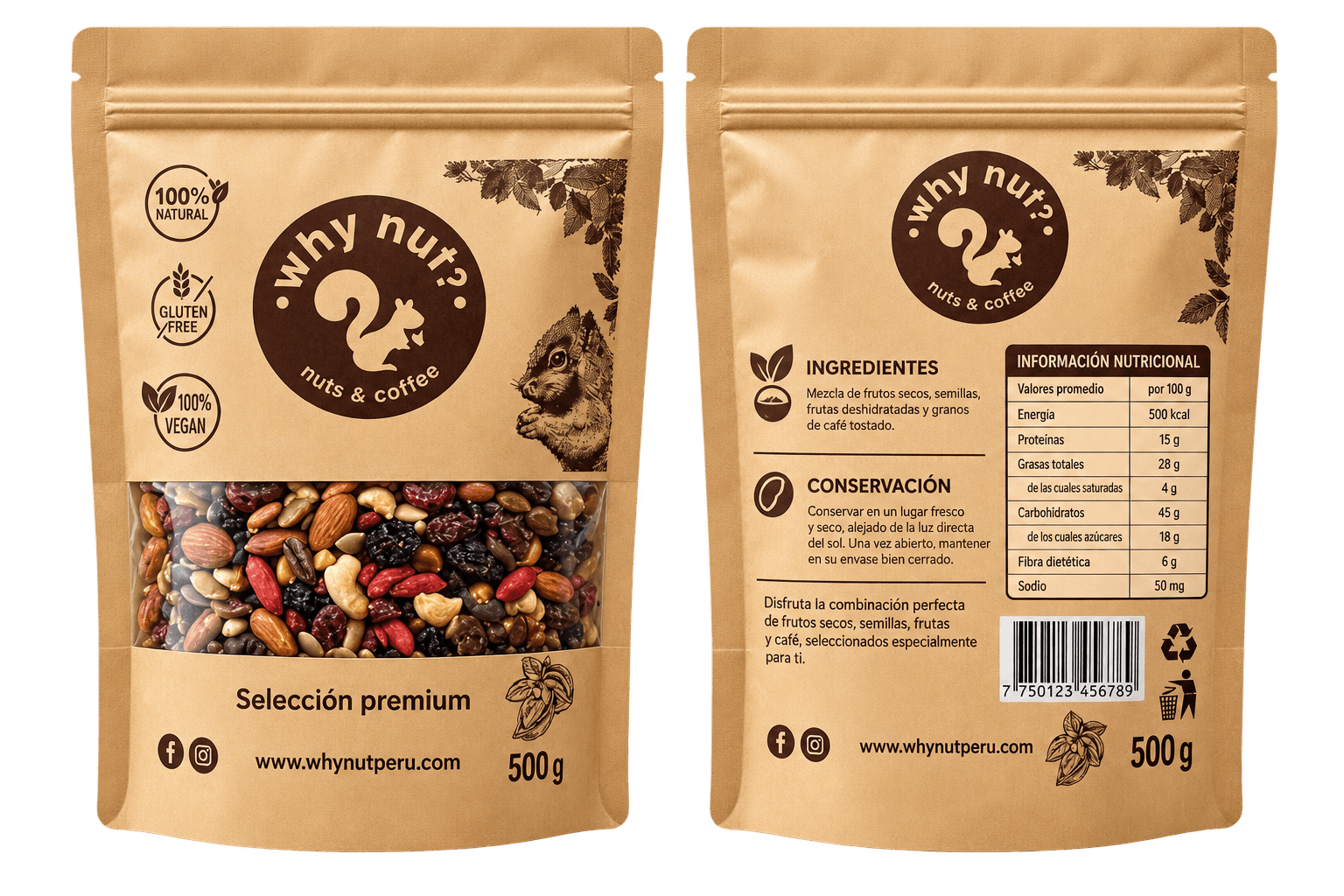 Doypack kraft avec fenêtre personnalisé pour fruits secs, noix et café 500 g