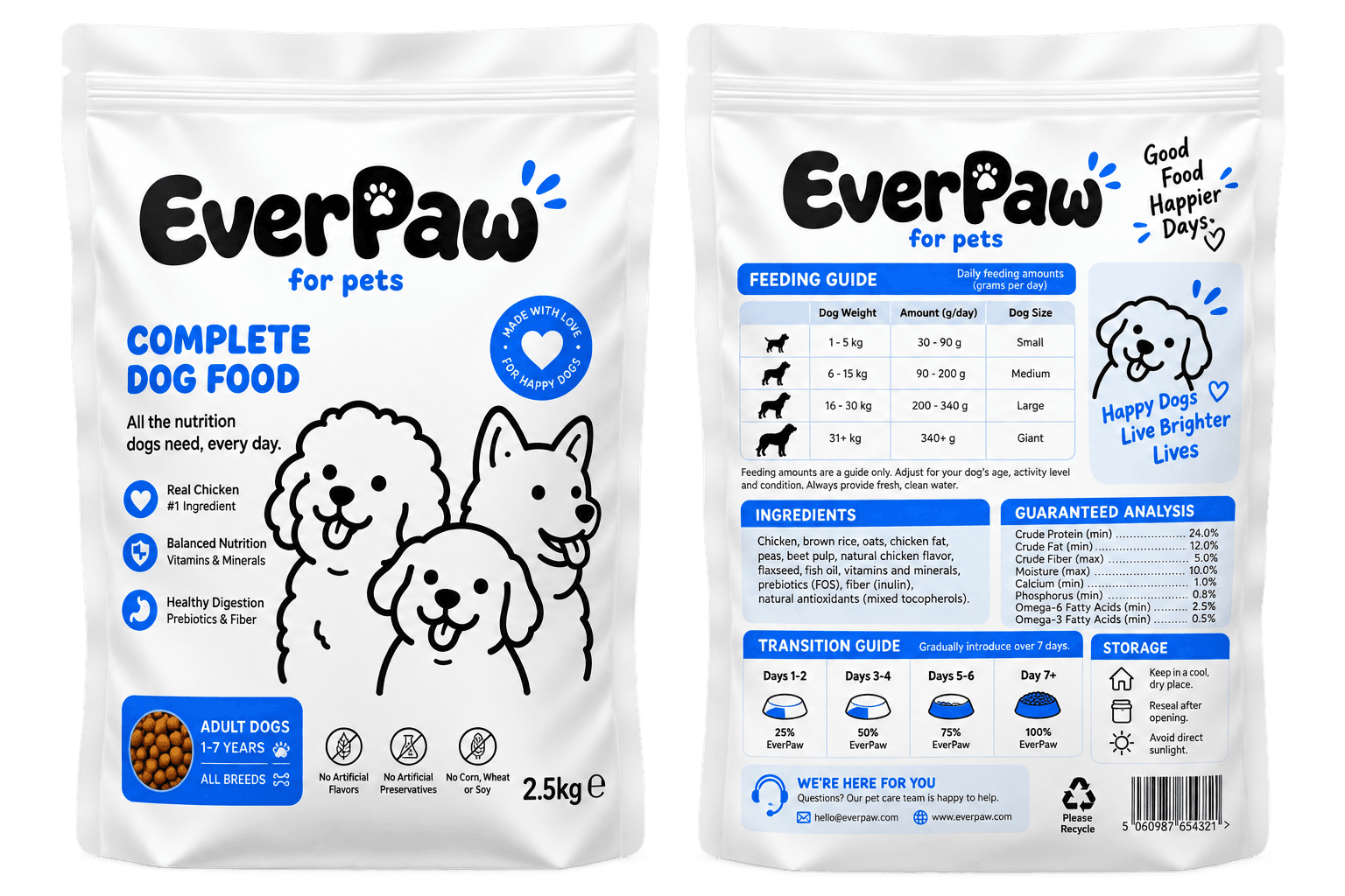 Emballage doypack blanc personnalisé EverPaw pour croquettes pour chien en Tunisie