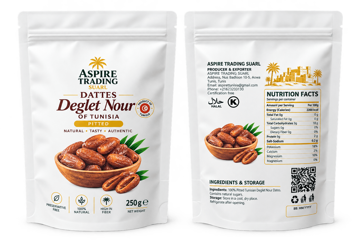 Doypack blanc personnalisé pour dattes Deglet Nour tunisiennes, impression recto verso