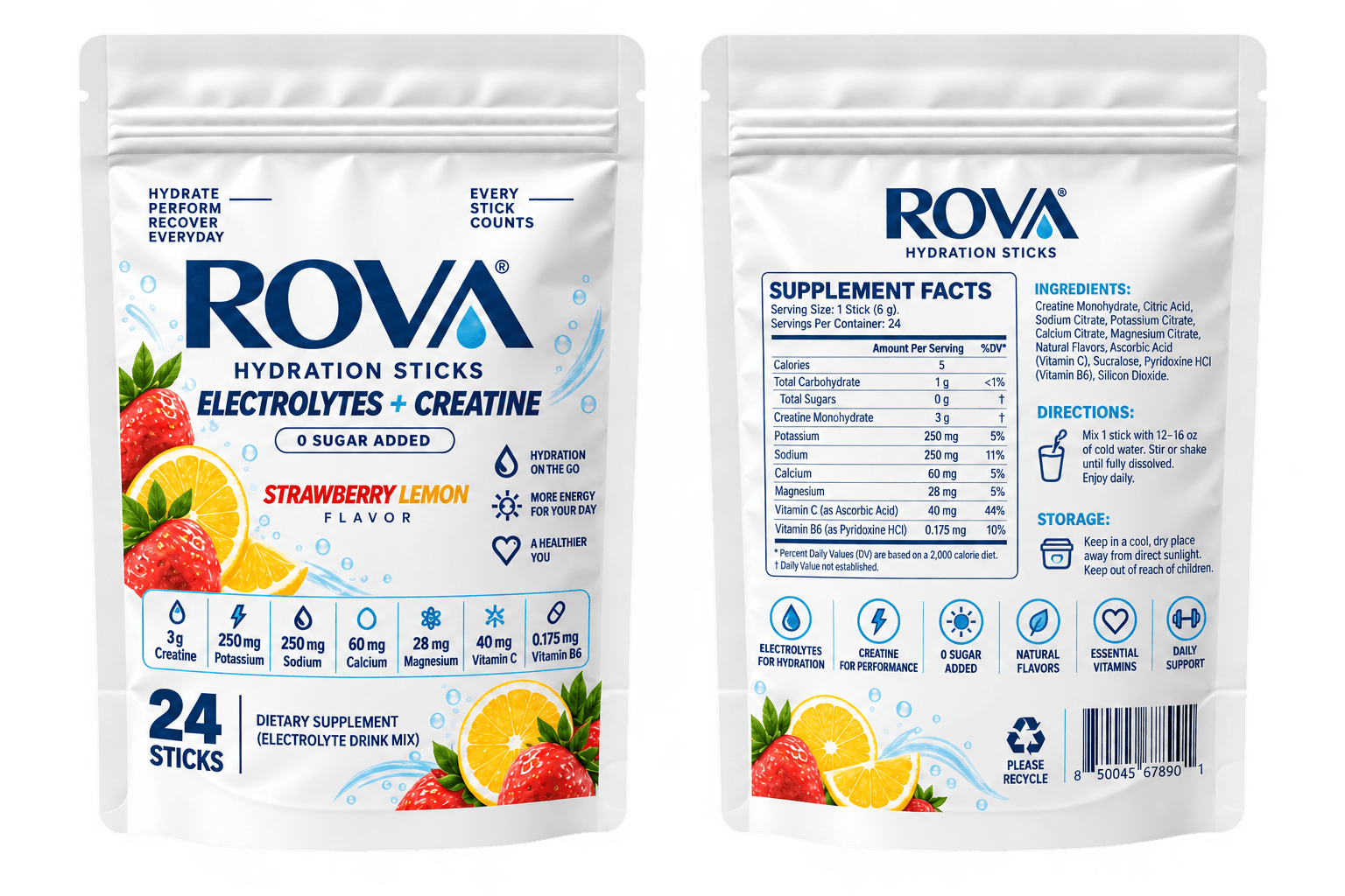 Doypack blanc personnalisé ROVA pour sticks d’hydratation, impression recto verso en Tunisie