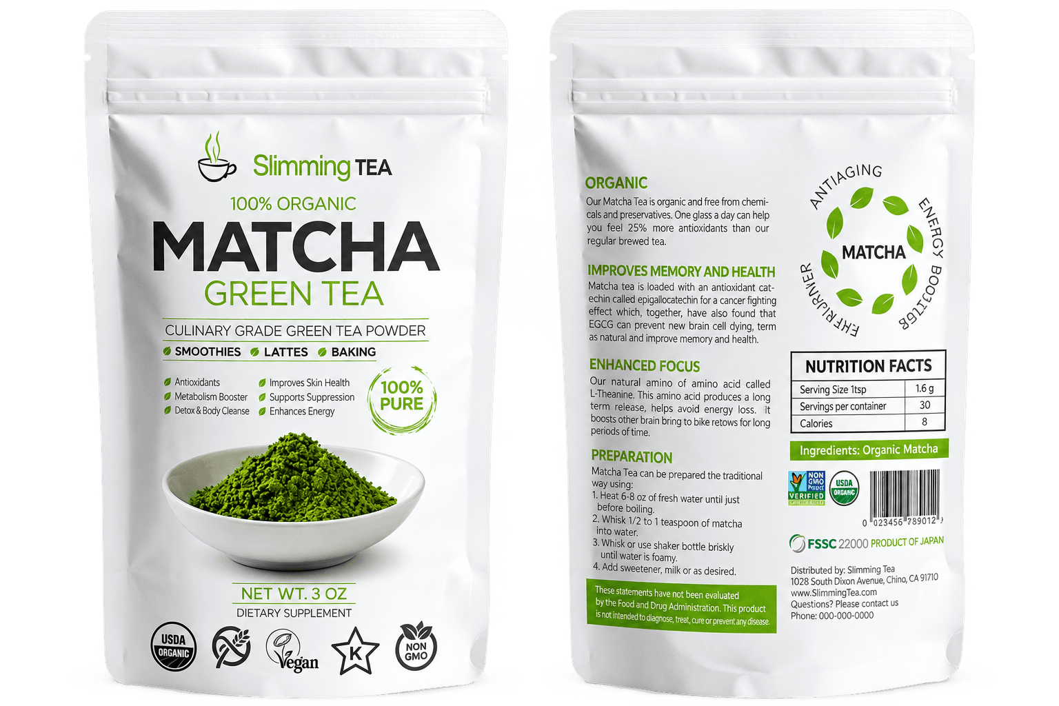 Doypack blanc personnalisé pour thé matcha bio, emballage refermable imprimé en Tunisie
